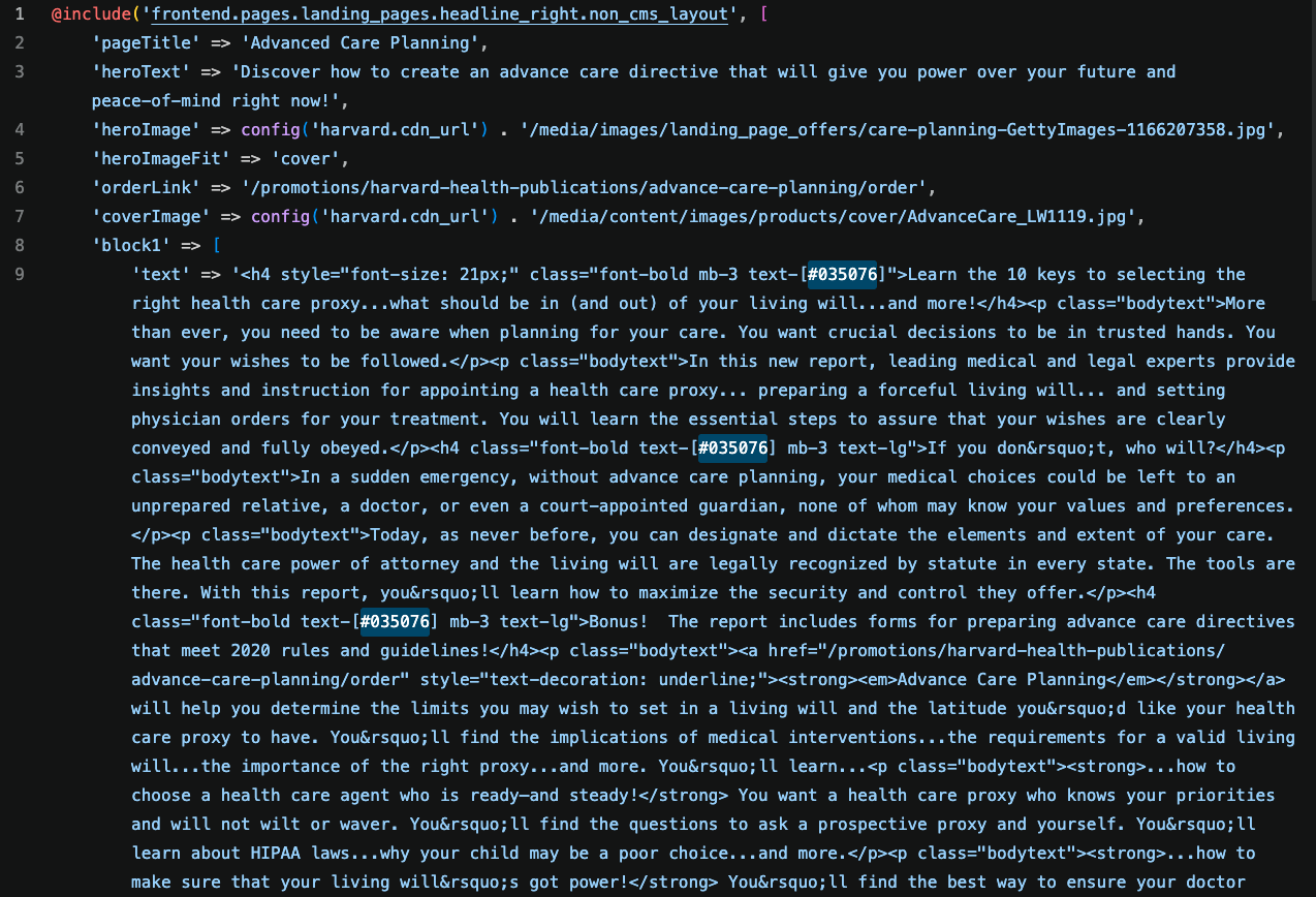 PHP content object for an Advanced Care Planning landing page, showing structured fields like pageTitle, heroText, heroImage, and block content
