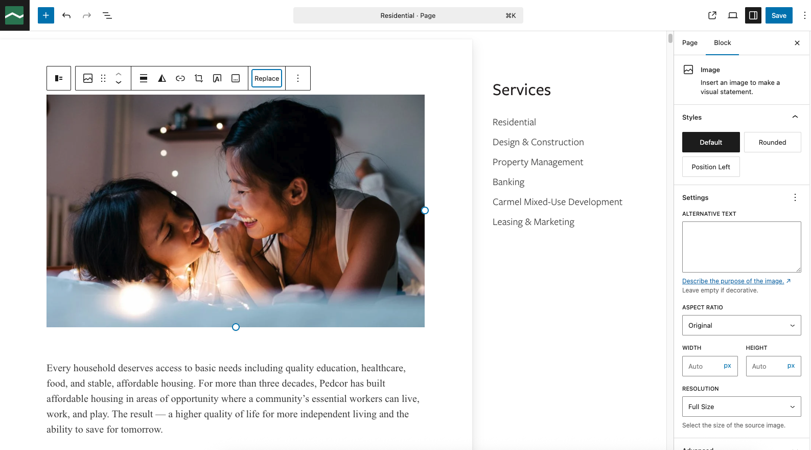 The Residential page in the Gutenberg editor, with the image block selected and the block settings panel visible on the right