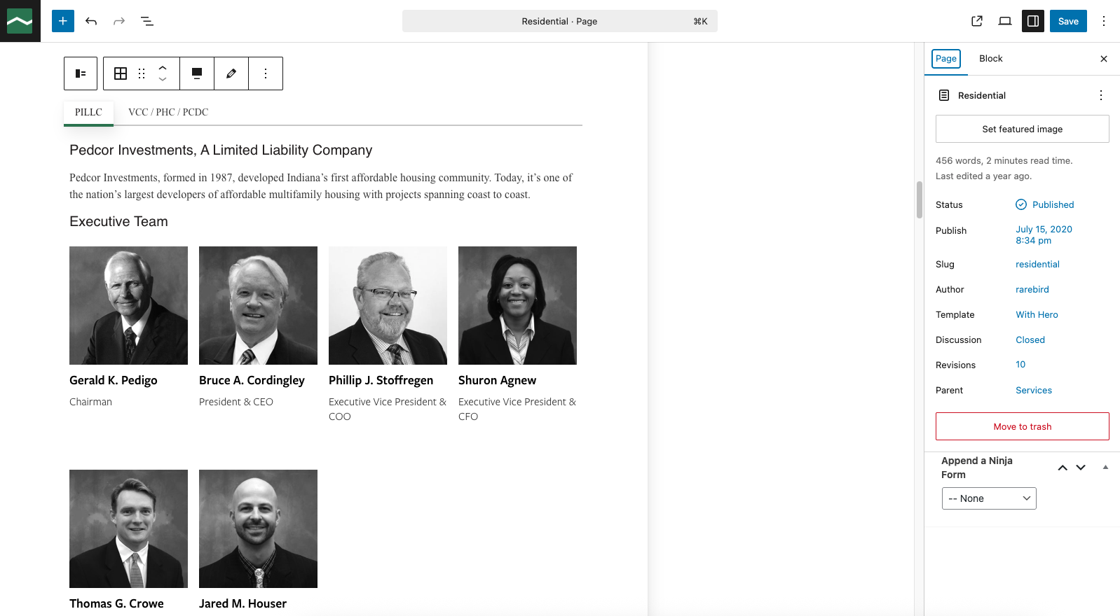 The same executive team section in the Gutenberg editor, showing the custom tabs block and page-level publication metadata