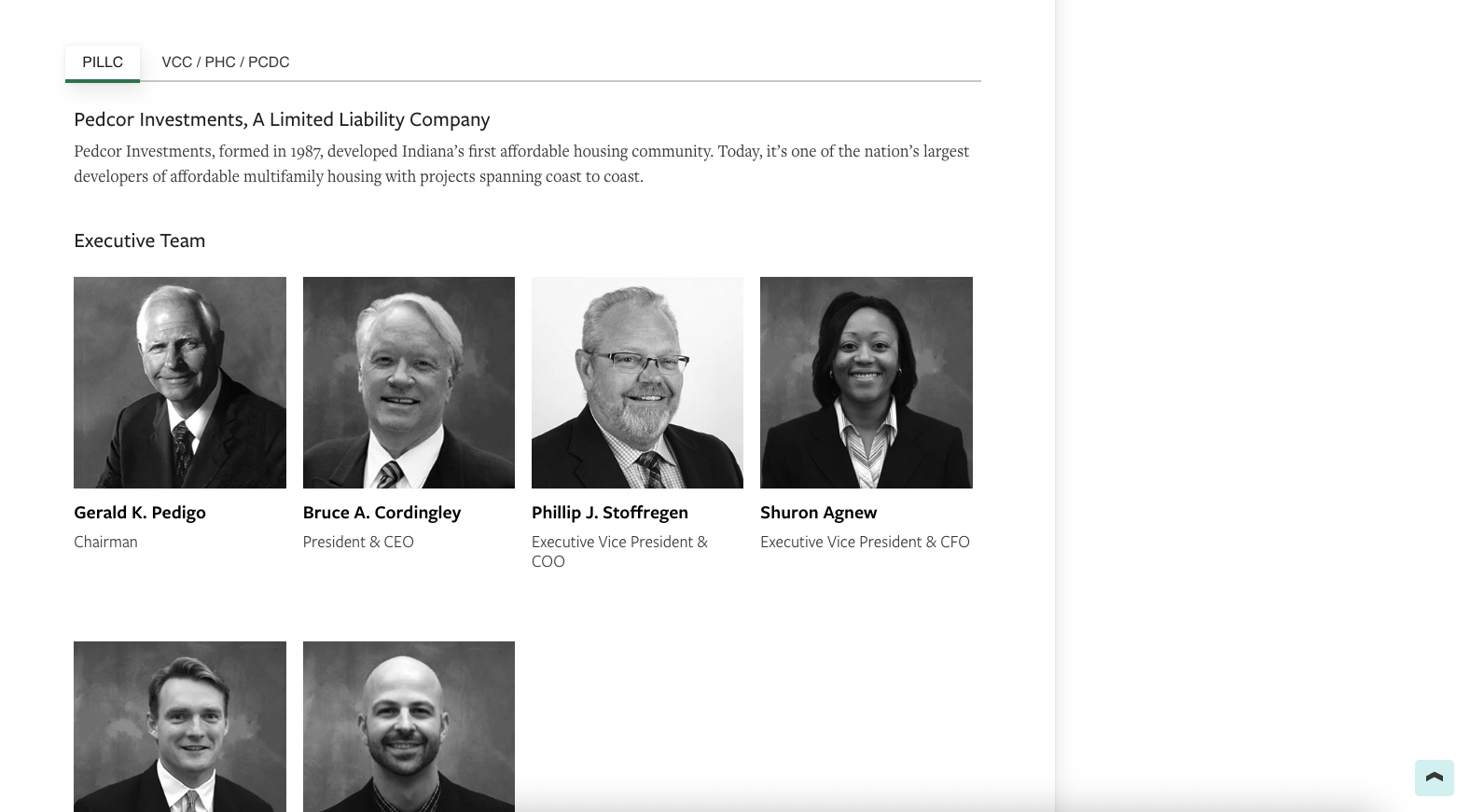 Pedcor Investments executive team section on the front-end, showing tabbed entity selector and headshot grid