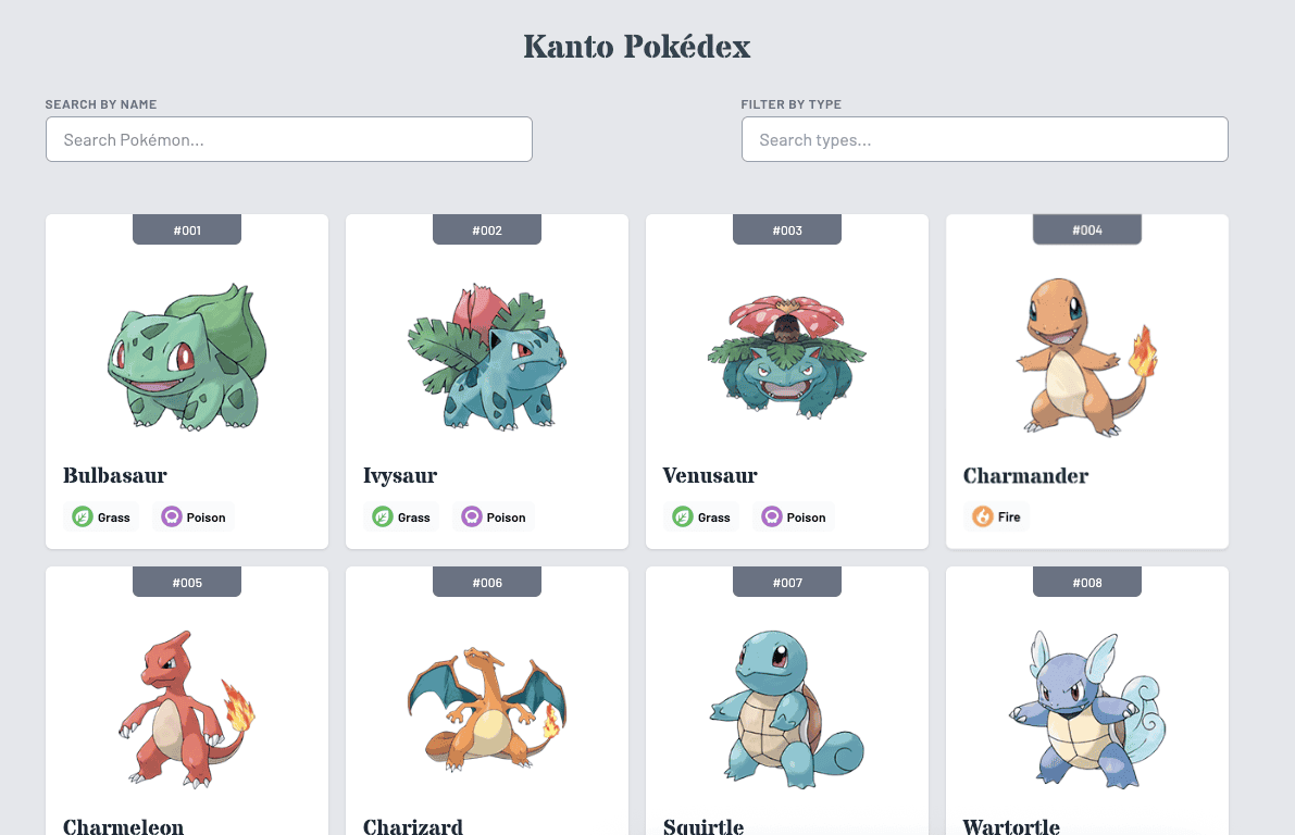 Pokedex view showing the first couple of rows of pokemon
